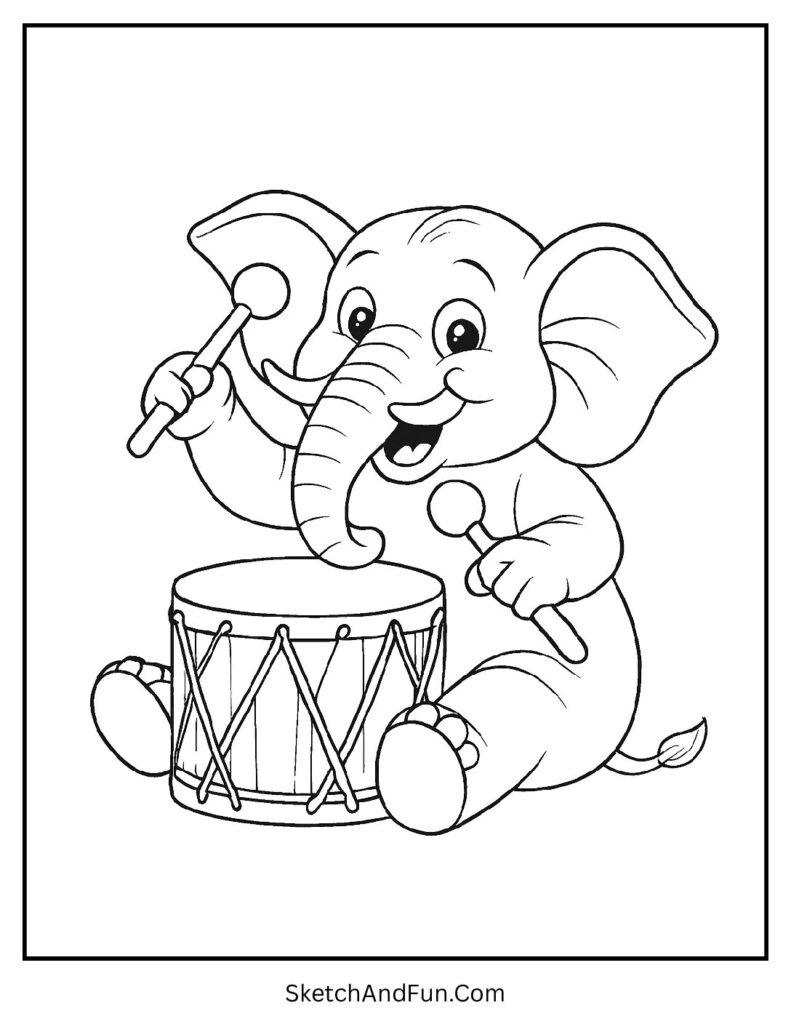 Elephant tapping a drum in a fun scene for a elephant coloring sheet outline.