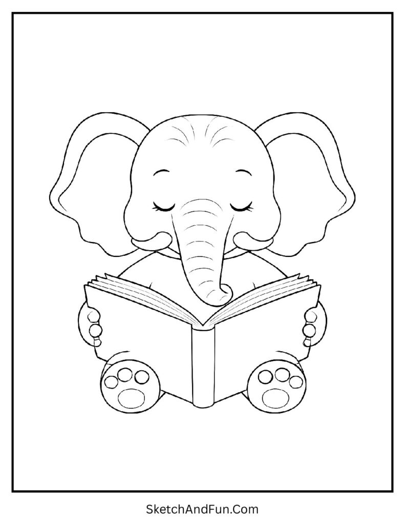 Elephant reading a big book in class for elephant coloring pages wildlife learning.