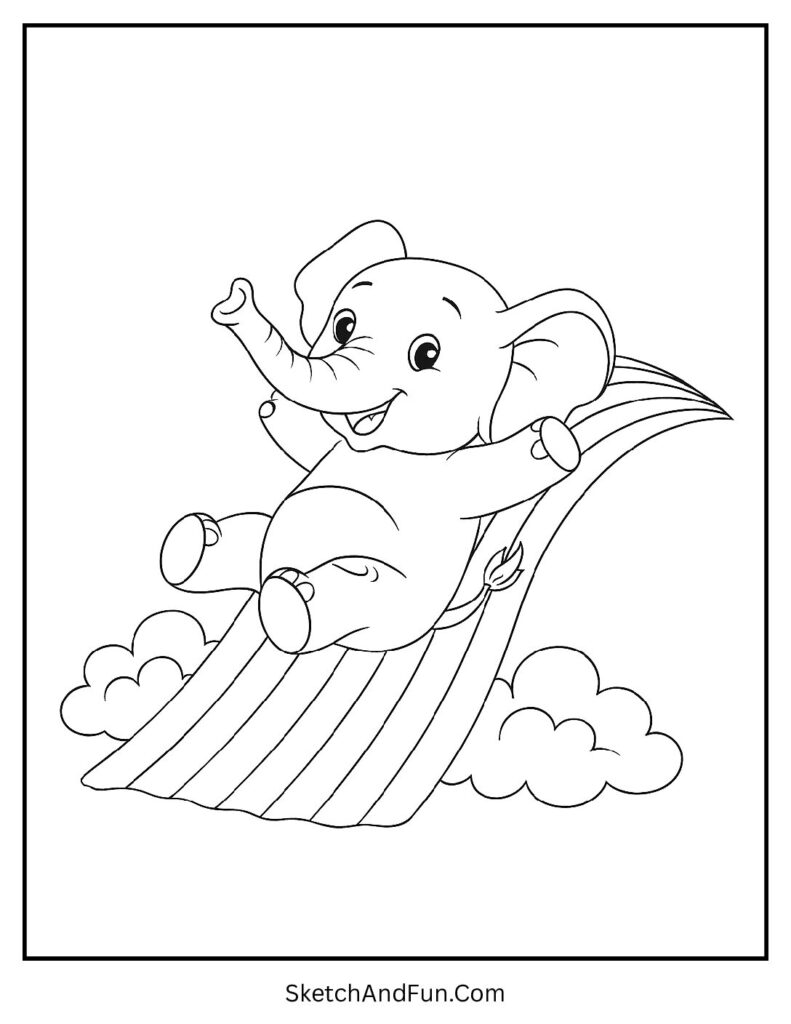 Elephant sliding down a rainbow for cheerful free elephant coloring pages.