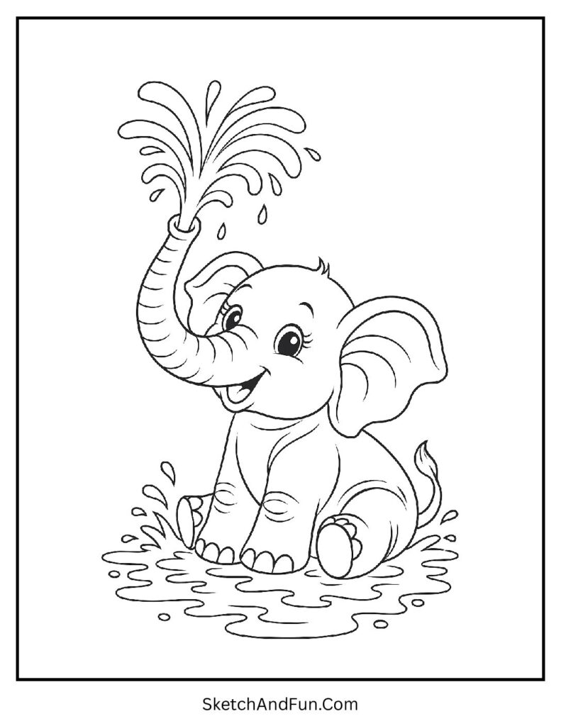 Playful elephant spraying water high for elephant coloring page easy fun.