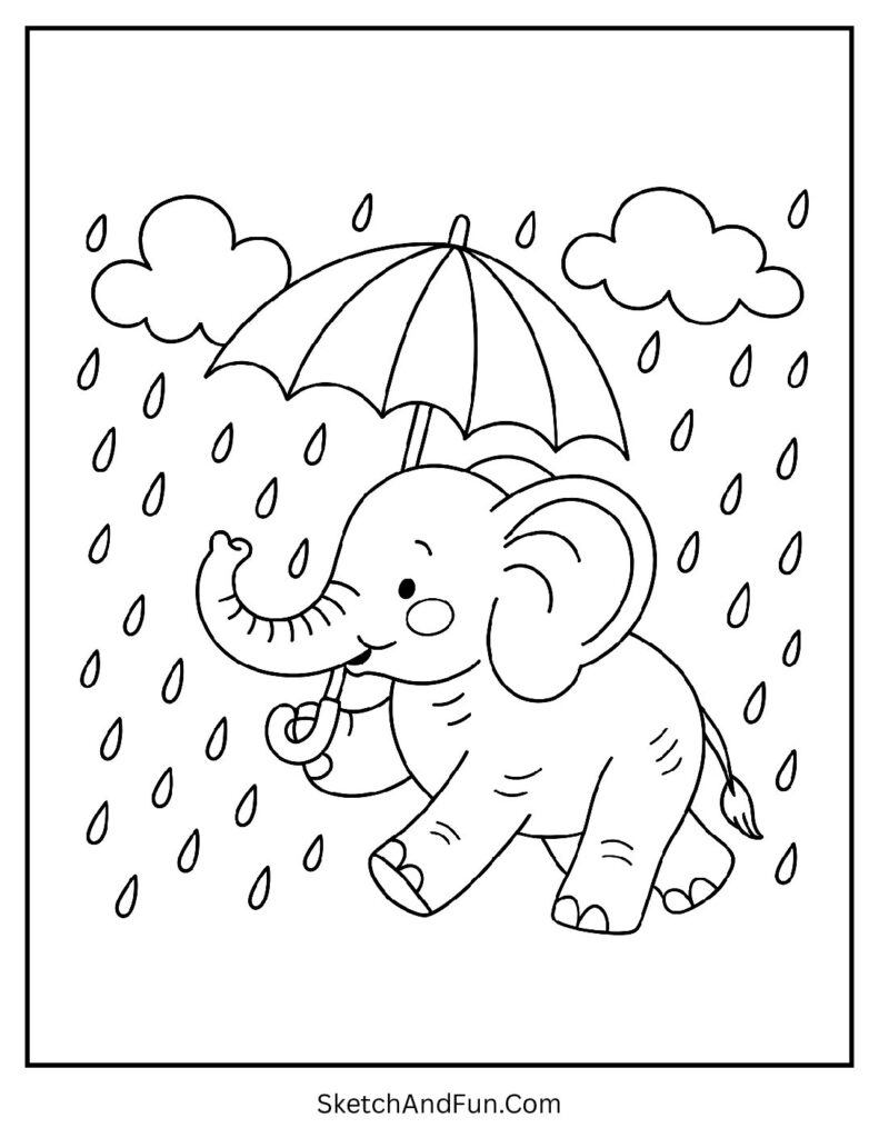 Elephant walking with an umbrella in gentle rain for elephant coloring page for preschool.