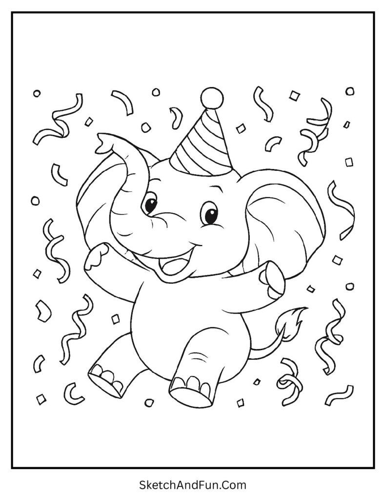 Elephant wearing a party hat with confetti for cute elephant coloring sheets.