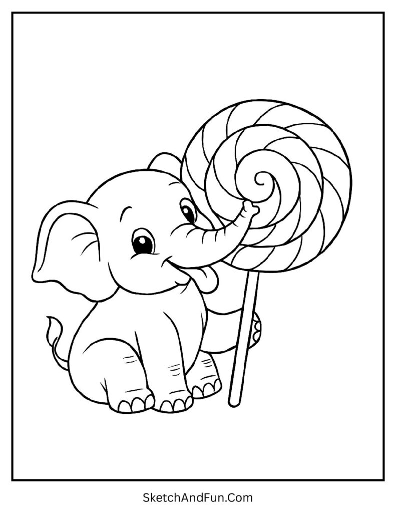 Elephant with a giant lollipop for kids who enjoy elephant coloring pages wildlife.