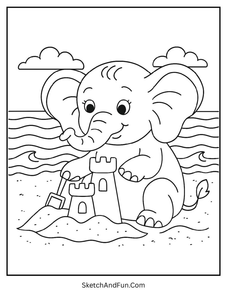 Elephant at the beach building a sandcastle for elephant coloring pages nature.