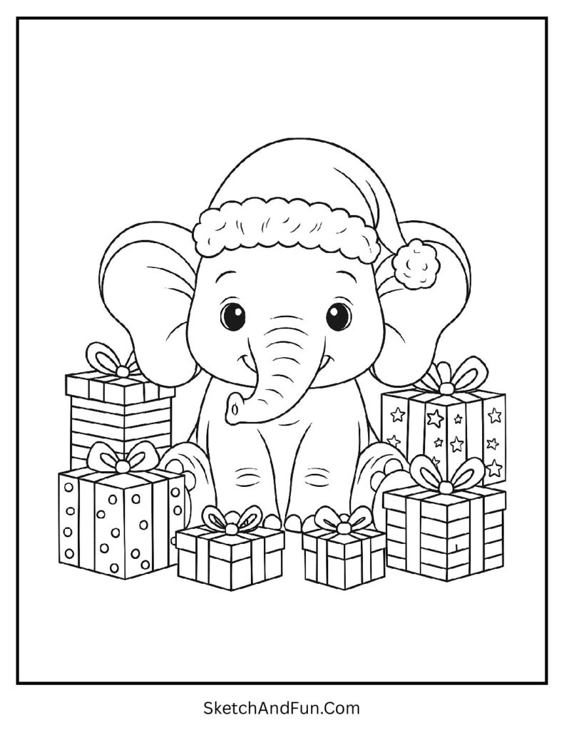 Elephant in Christmas outfit with gifts for African elephant coloring page themes.
