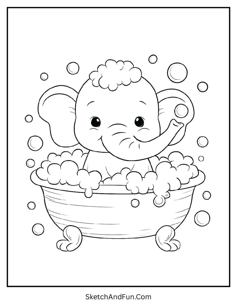 Elephant sitting in bubbles in a tub for simple elephant coloring sheet fun.