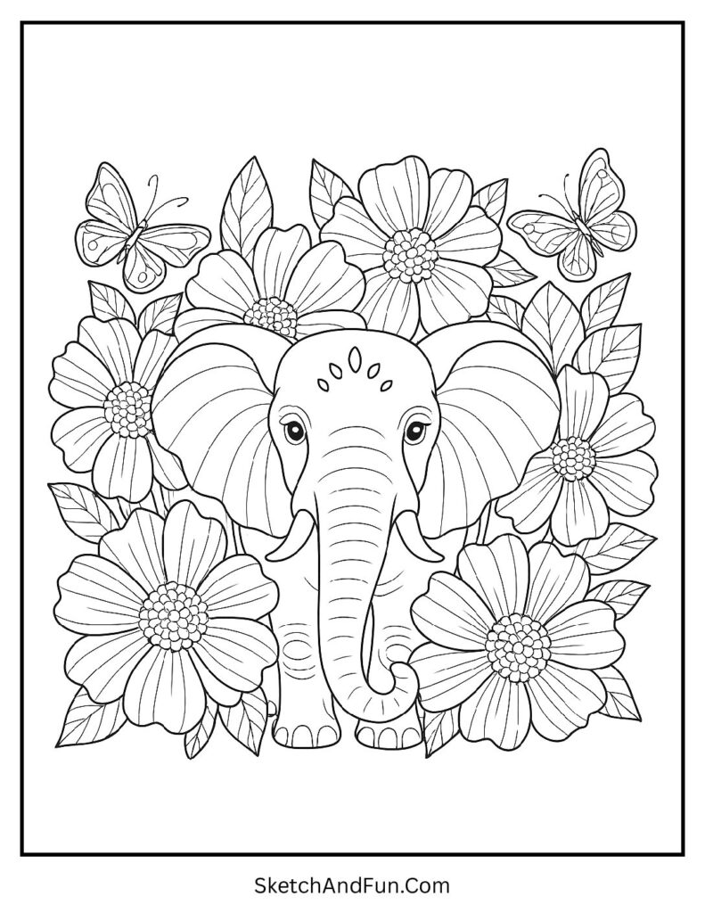 Elephant surrounded by flowers and butterflies for elephant coloring pages for toddlers.