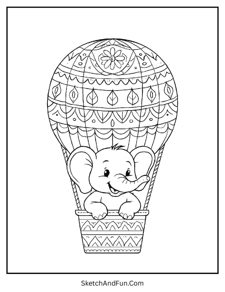 Elephant flying in a hot air balloon for elephant coloring page free download fun.