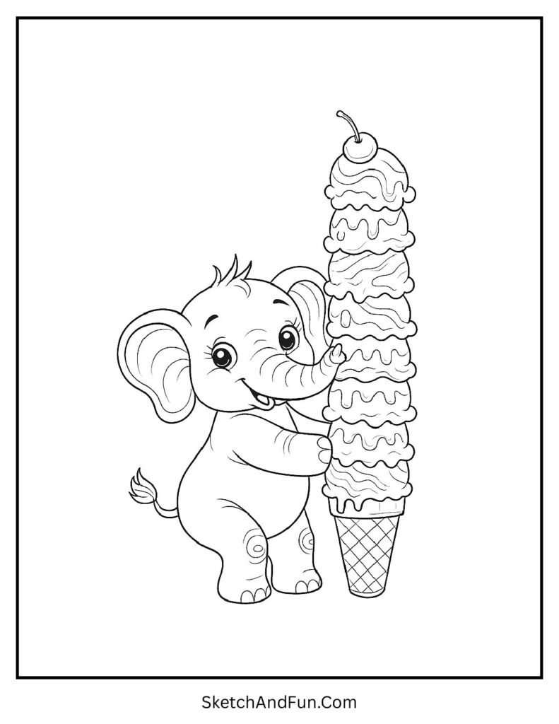 Elephant holding a tall ice cream tower for elephant coloring pages for adults.
