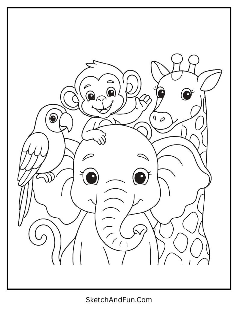 Elephant with jungle friends like monkey and parrot for elephant coloring pages jungle.