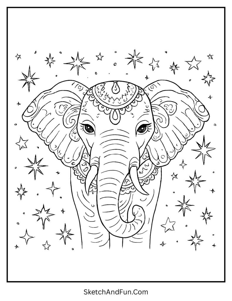 Elephant with stars around in a calm night scene for printable elephant coloring sheet PDF.