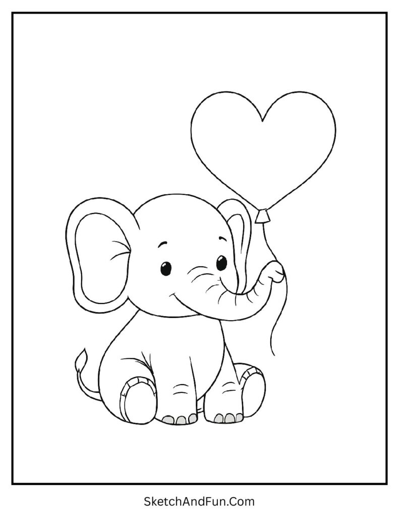 Elephant with a Big Heart Balloon Coloring Page pdf