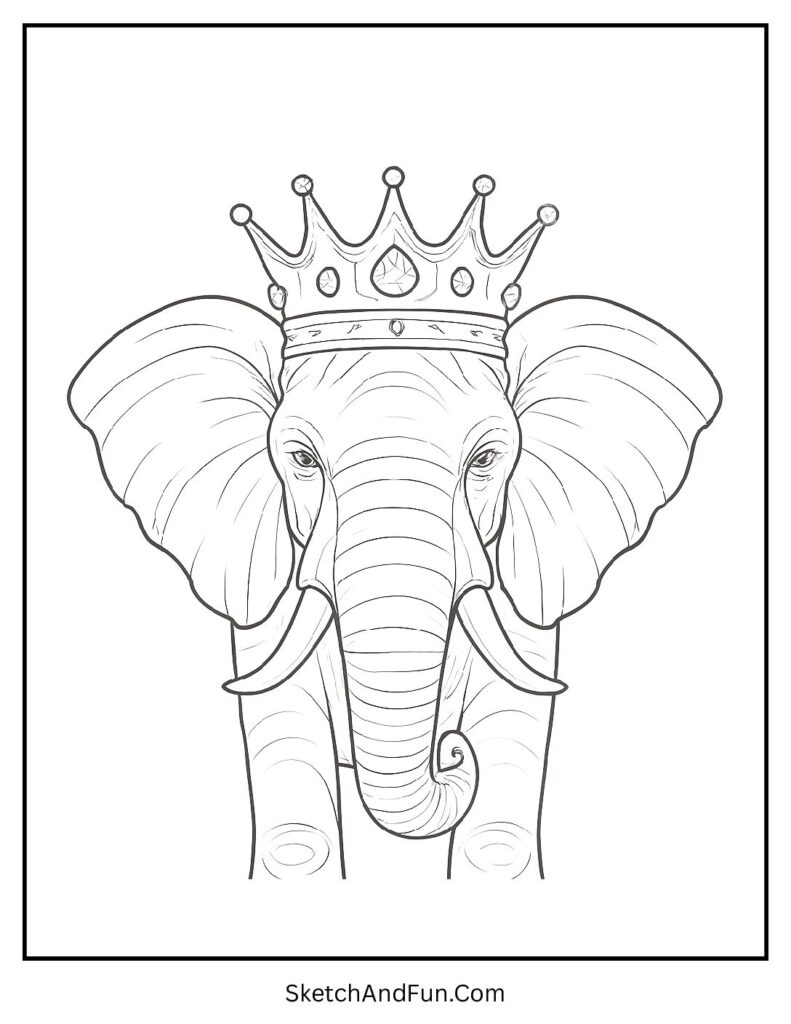Elephant wearing a shiny crown for clean elephant coloring page black and white art.