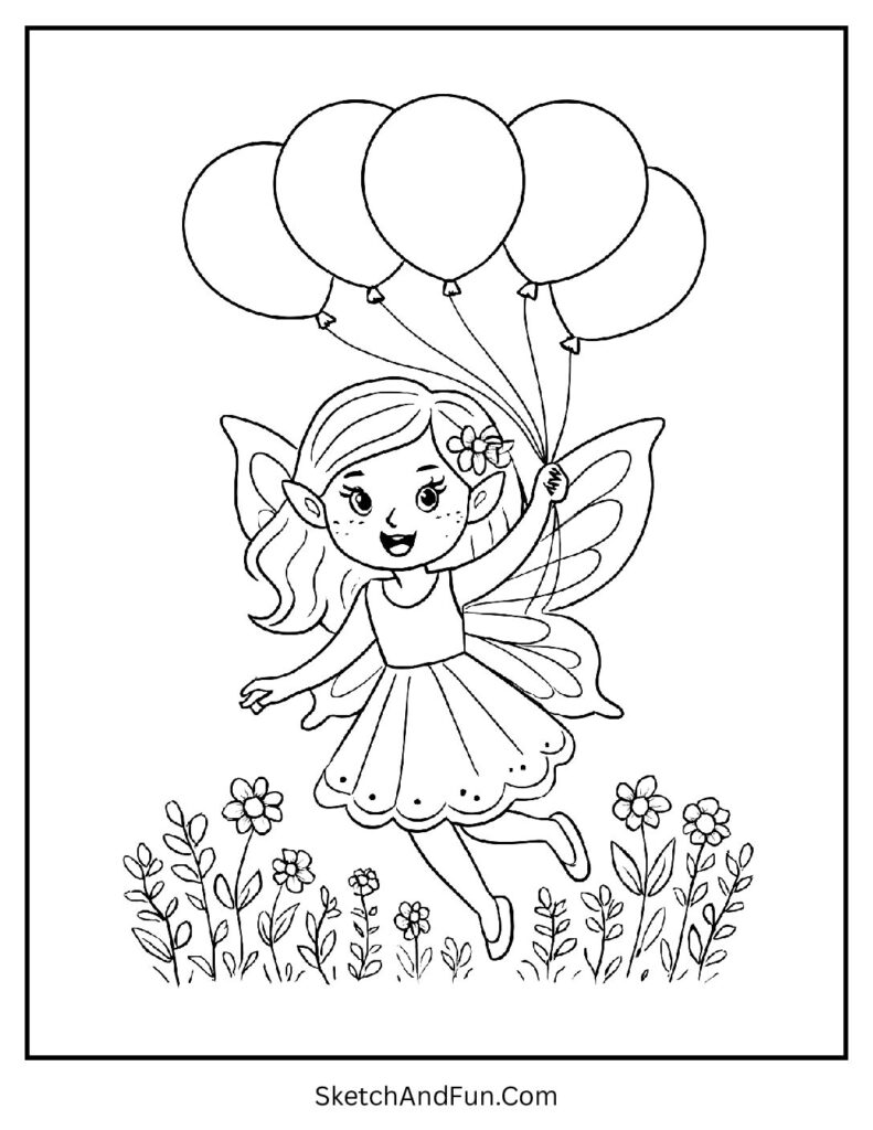 Fairy holding colorful balloons floating above meadow for kawaii fairy coloring pages cute style.