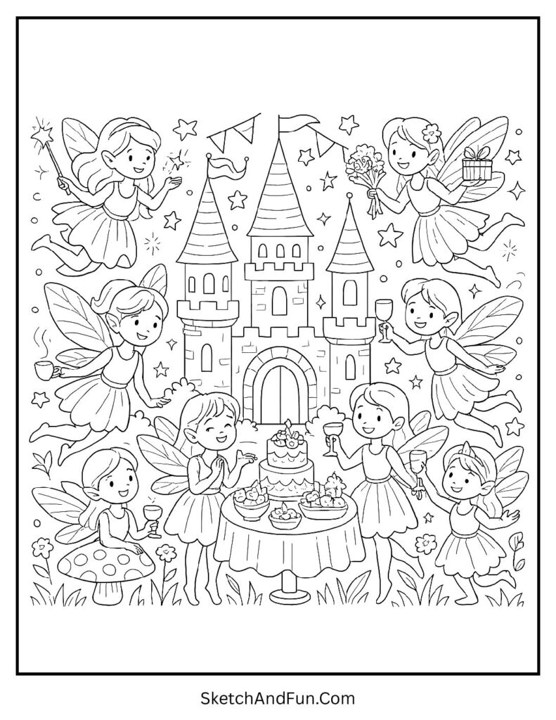 Fairies celebrating near castle with lanterns for fairy mandala coloring pages for adults.