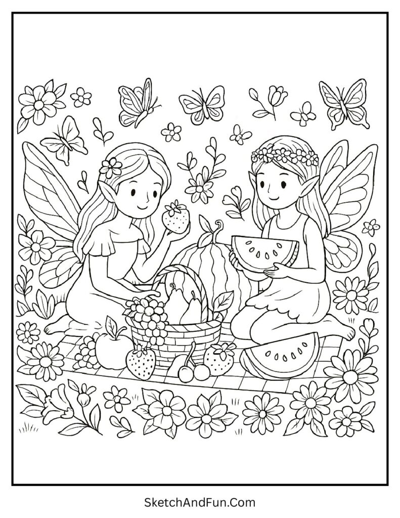 Fairies enjoying picnic on grassy hill for fairy coloring sheet large print for seniors.