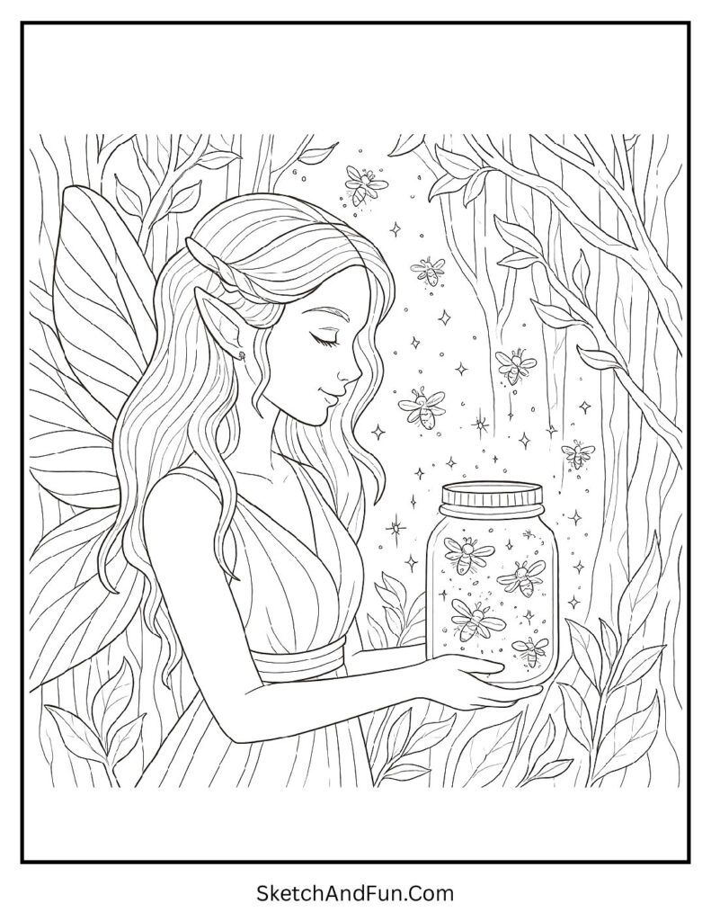 Fairy holding jar of fireflies in dark forest for fantasy fairy coloring pages for teens.