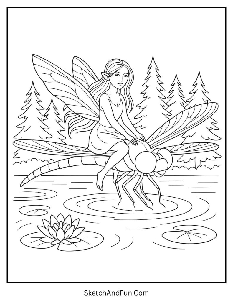 Fairy riding dragonfly over forest pond for seasonal fairy coloring pages spring summer.
