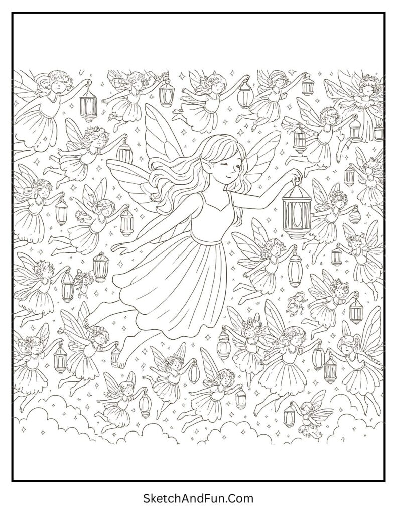 Fairies flying with lanterns at night festival for fairy coloring pages bundle download..