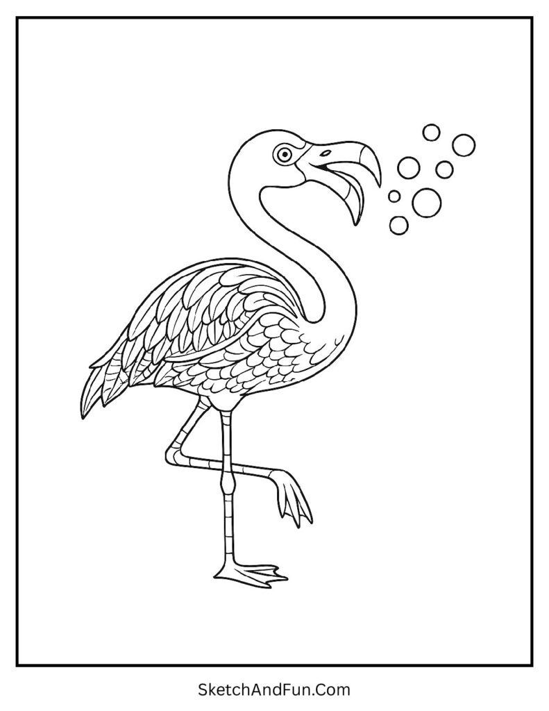 Flamingo blowing bubbles for a flamingo coloring page educational worksheet.