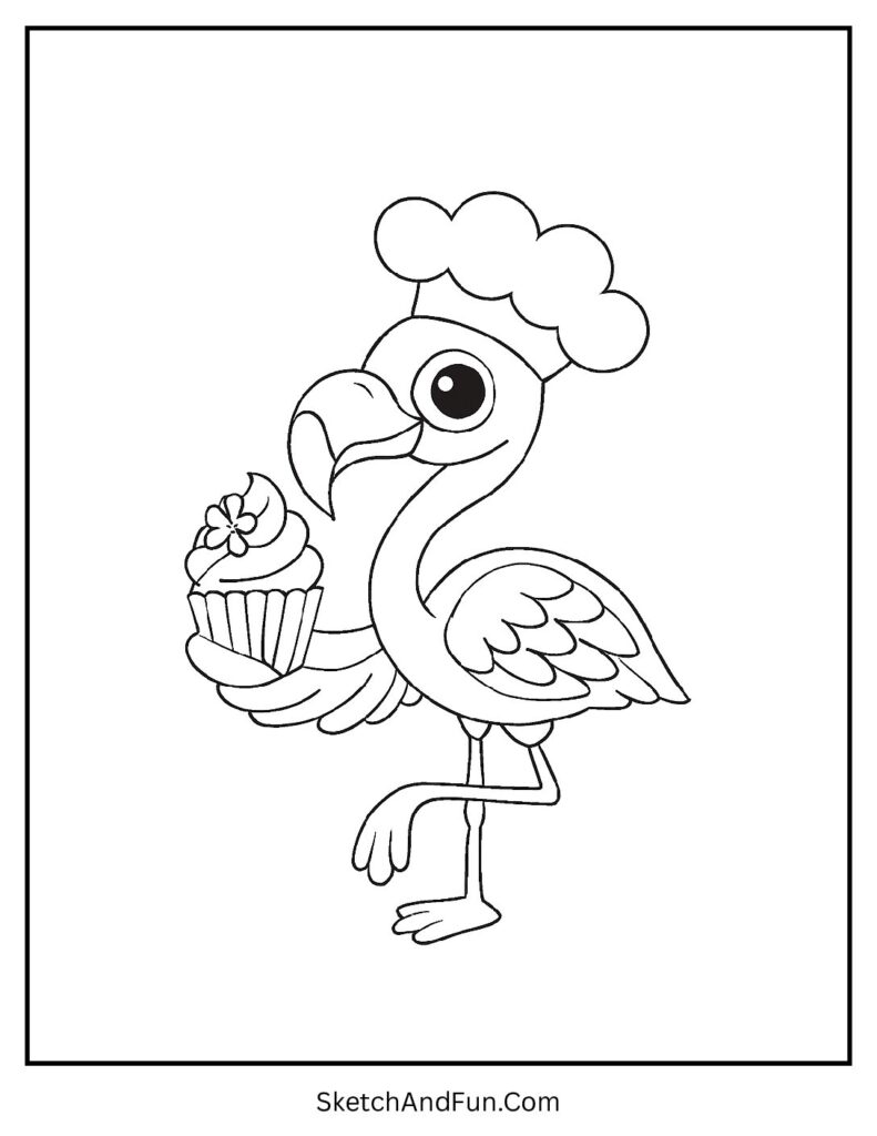 Chef flamingo with cupcake in a printable flamingo coloring sheet PDF format.