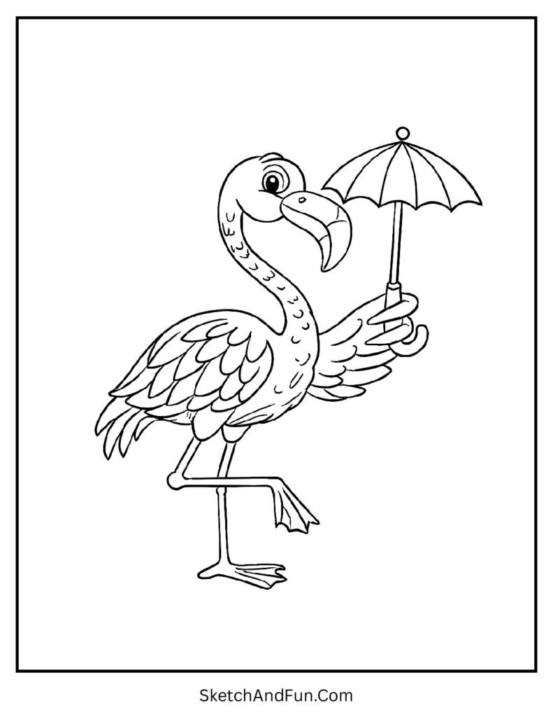 Flamingo holding umbrella in a pink flamingo coloring sheet theme.