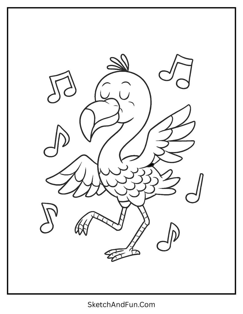 Dancing flamingo with notes in flamingo coloring pages pdf format.