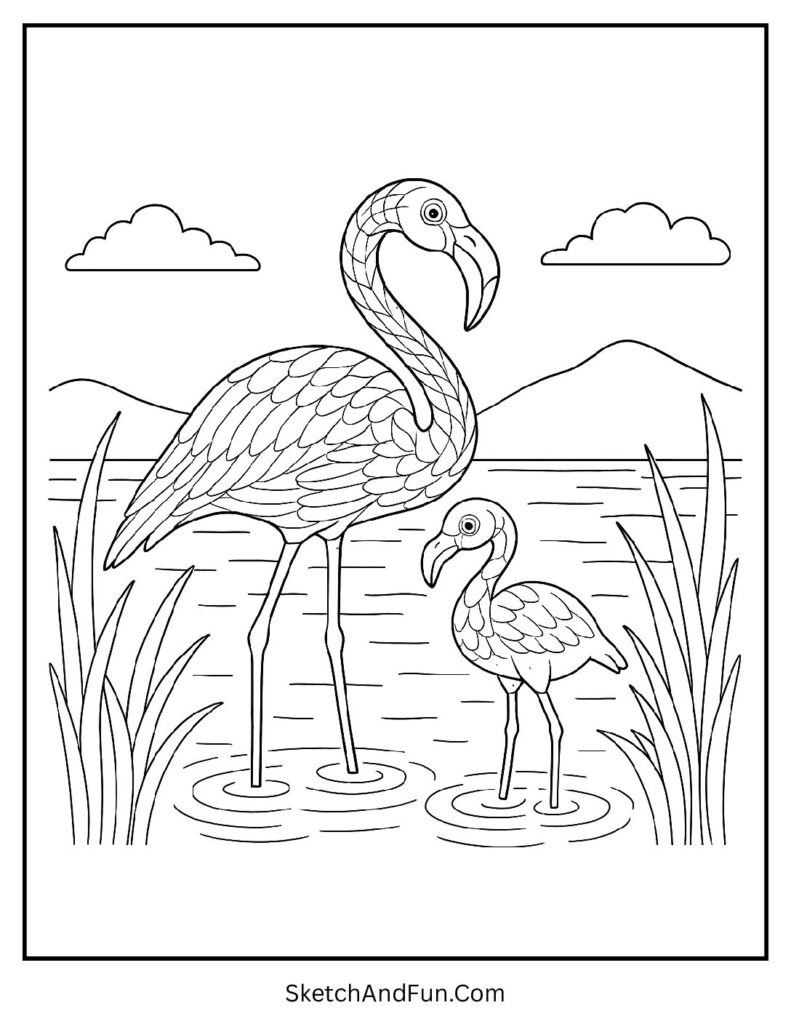 Flamingo family by the lake for flamingos coloring pages group (flock).