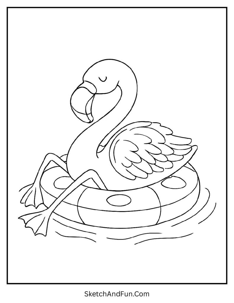 Flamingo on pool ring in flamingo coloring sheet cartoon style pages.