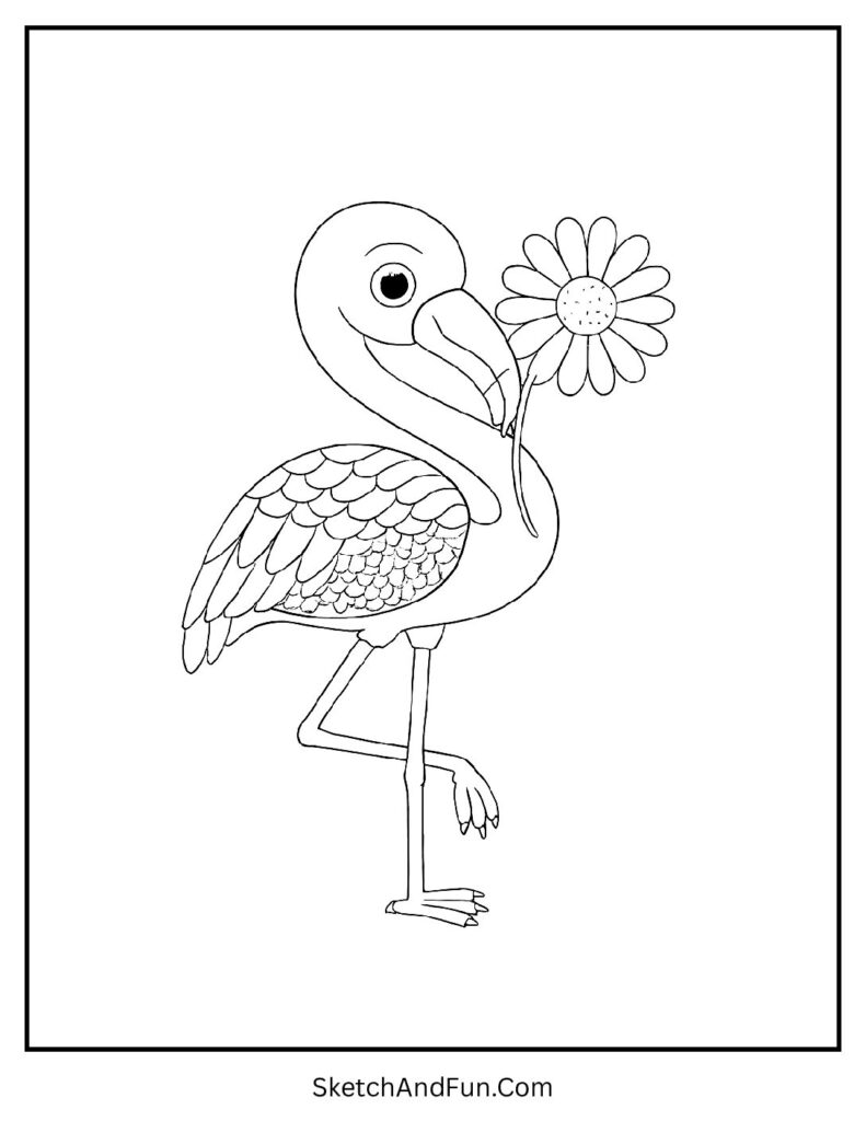Flamingo holding a daisy in soft flamingo coloring pages with flowers style.