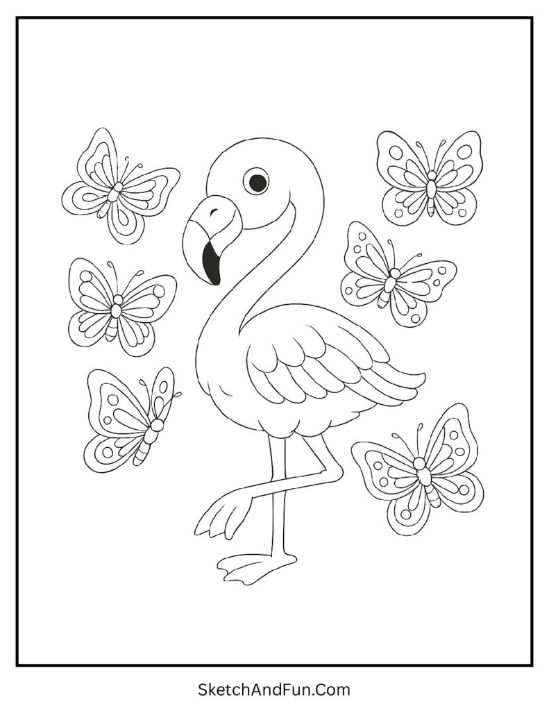 Flamingo playing with butterflies in a flamingo coloring page with butterfly style.