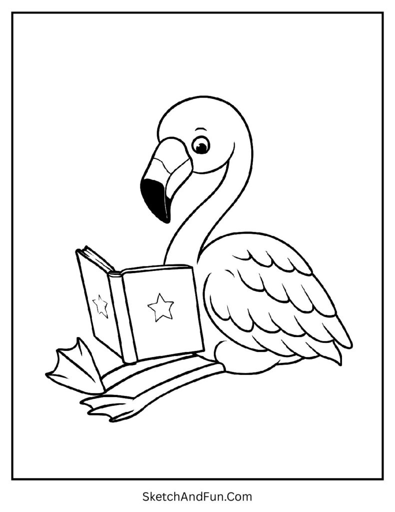 Flamingo reading book in detailed flamingo coloring pages mandala style.