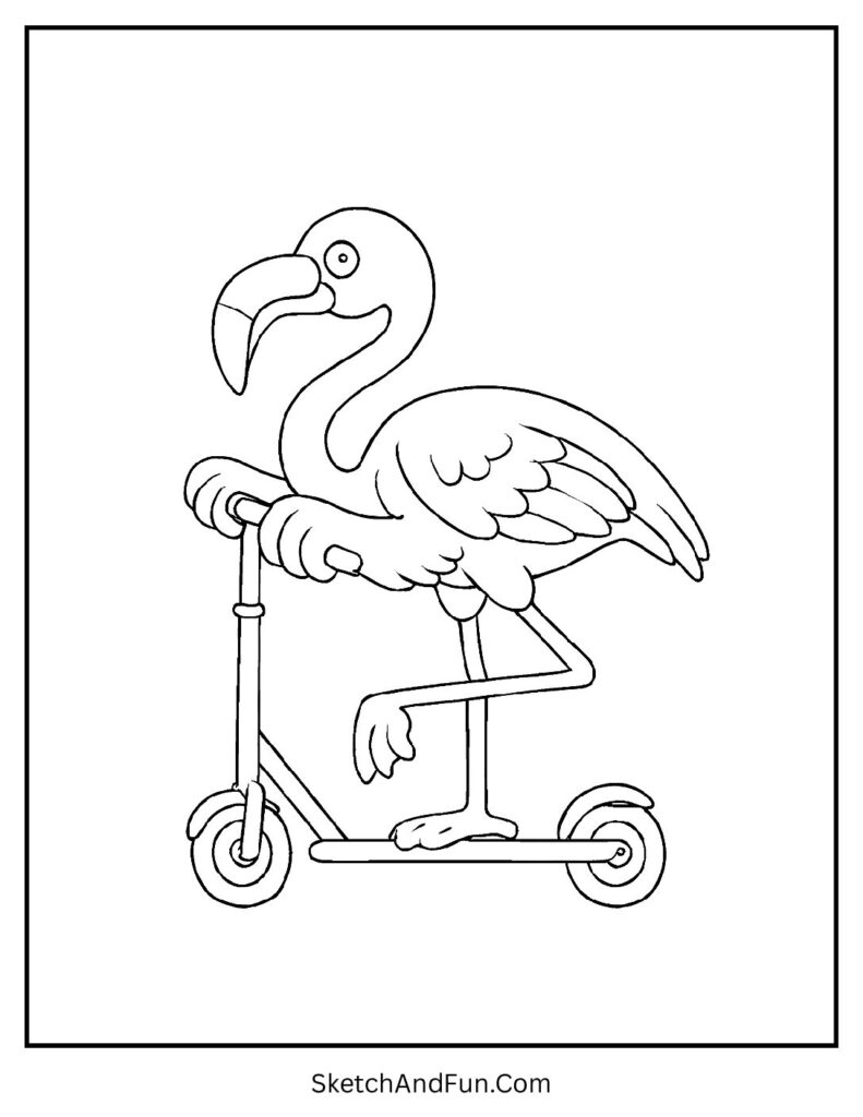 Flamingo riding scooter in a baby flamingo coloring page design.