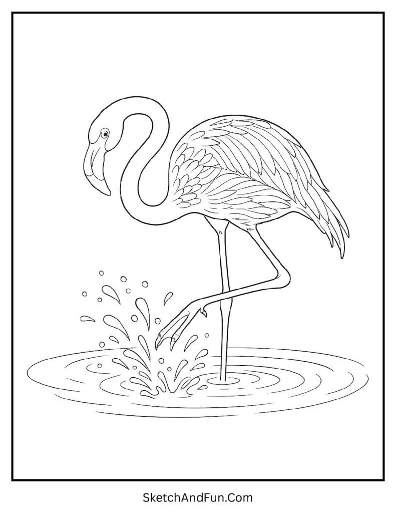 Flamingo splashing water in a tropical flamingo coloring page design.