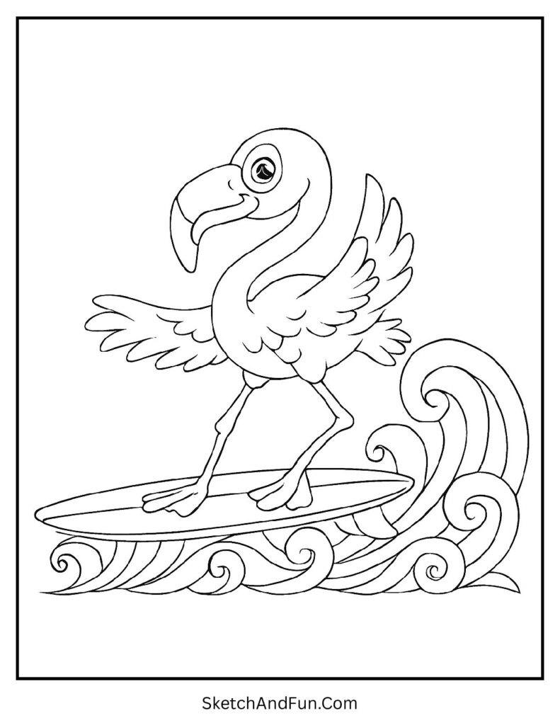 Flamingo surfing waves for an easy flamingo coloring page for kids.