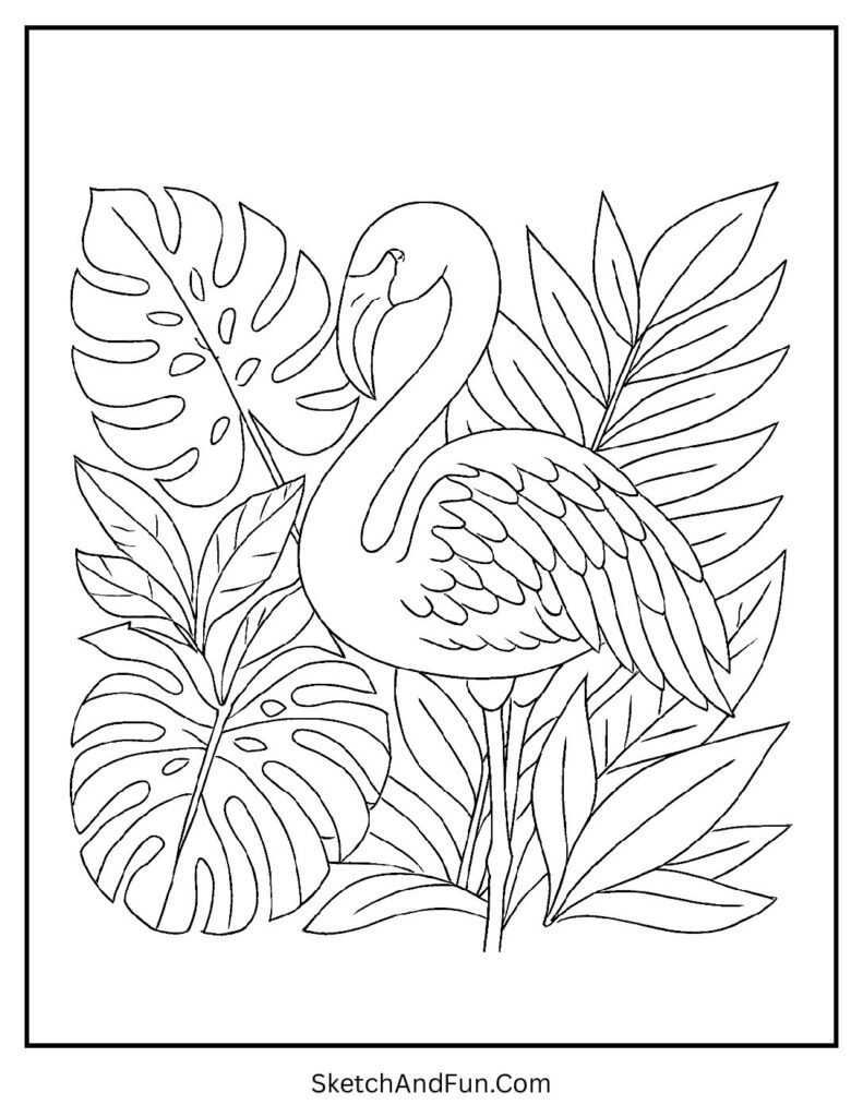Flamingo in leaves for cute flamingo coloring pages.