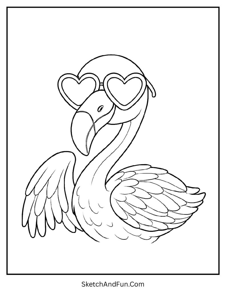 Flamingo wearing heart sunglasses in a fun flamingo coloring sheet cartoon style.