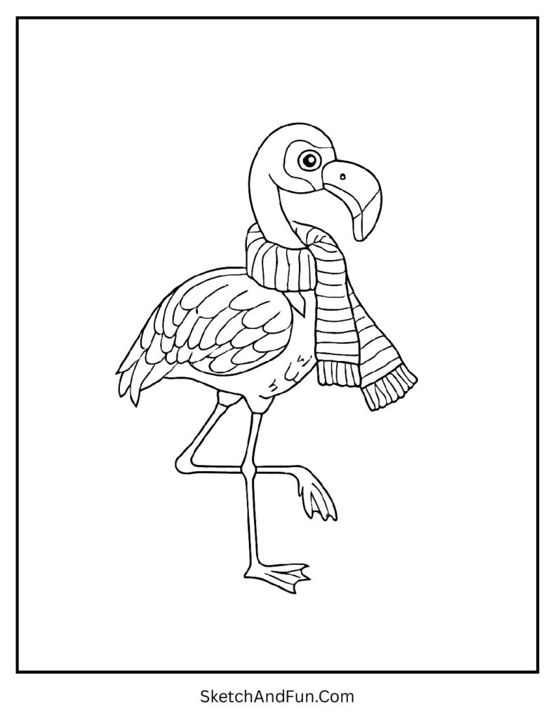 Flamingo in winter scarf in a flamingo coloring sheet free download theme.