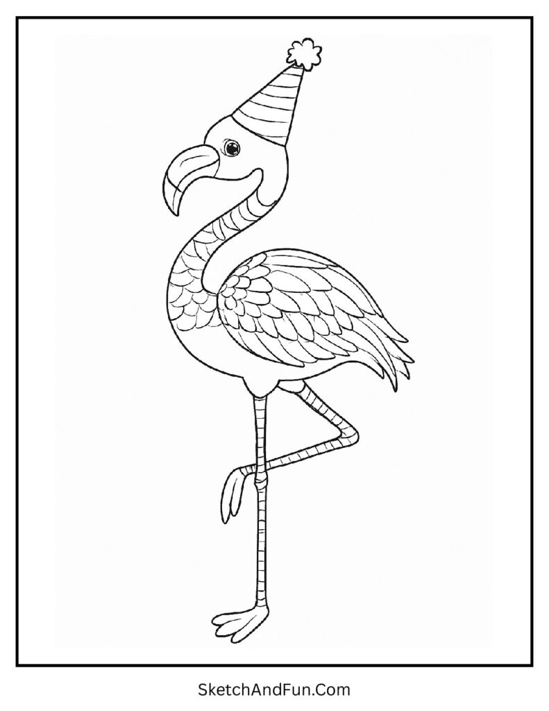Party hat flamingo with flamingo coloring page with palms / palm trees.