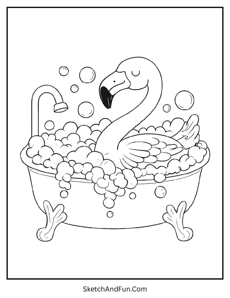 Flamingo relaxing in bubbles in a flamingo coloring pages black and white layout.