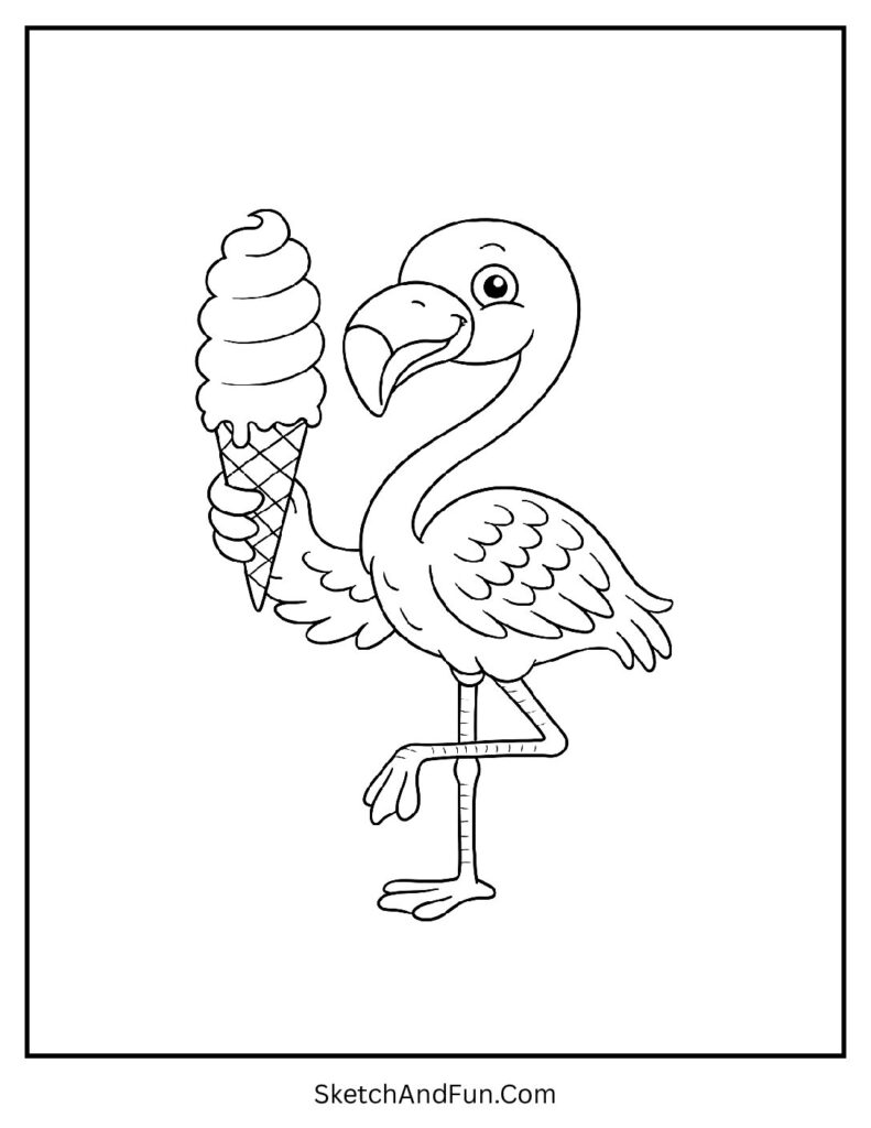 Flamingo with ice cream cone for flamingo coloring pages to print A4.