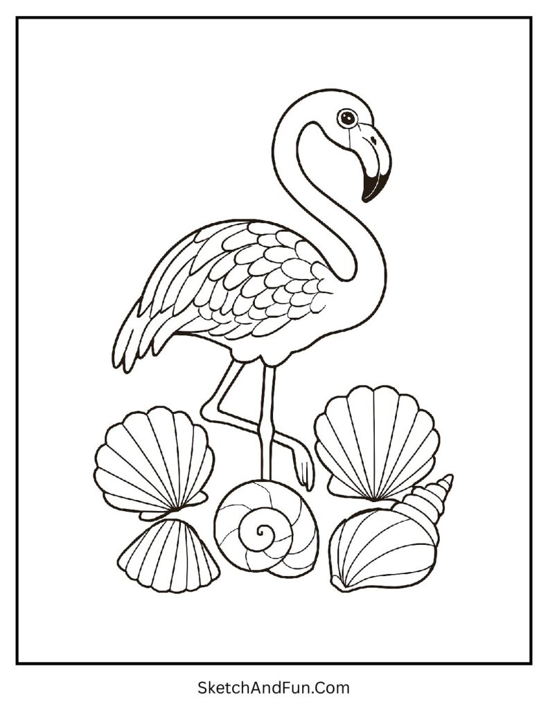 Flamingo with Seashells Coloring Page pdf