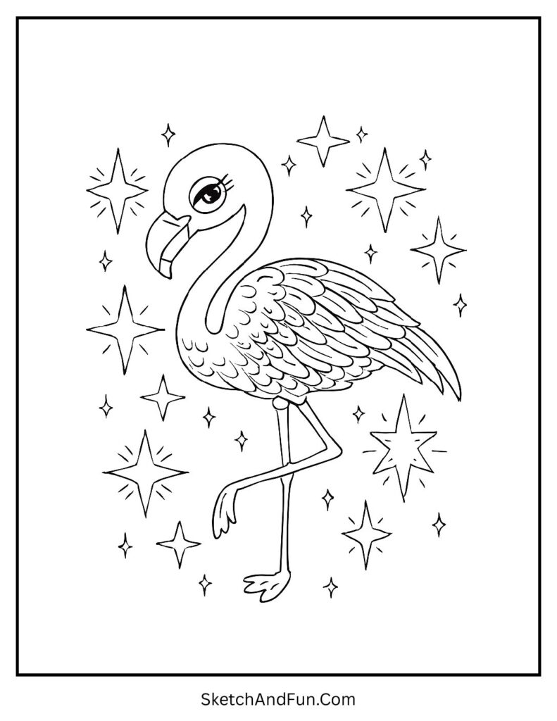 Flamingo with stars for a flamingo coloring activity sheet.