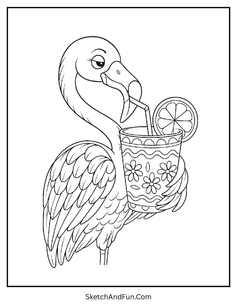 Flamingo with tropical drink in flamingo coloring pages simple outline style.