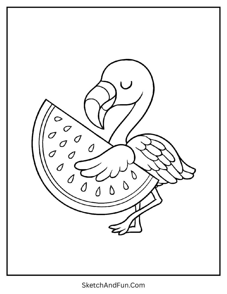 Flamingo with a watermelon slice in a flamingo coloring sheet jungle design theme.