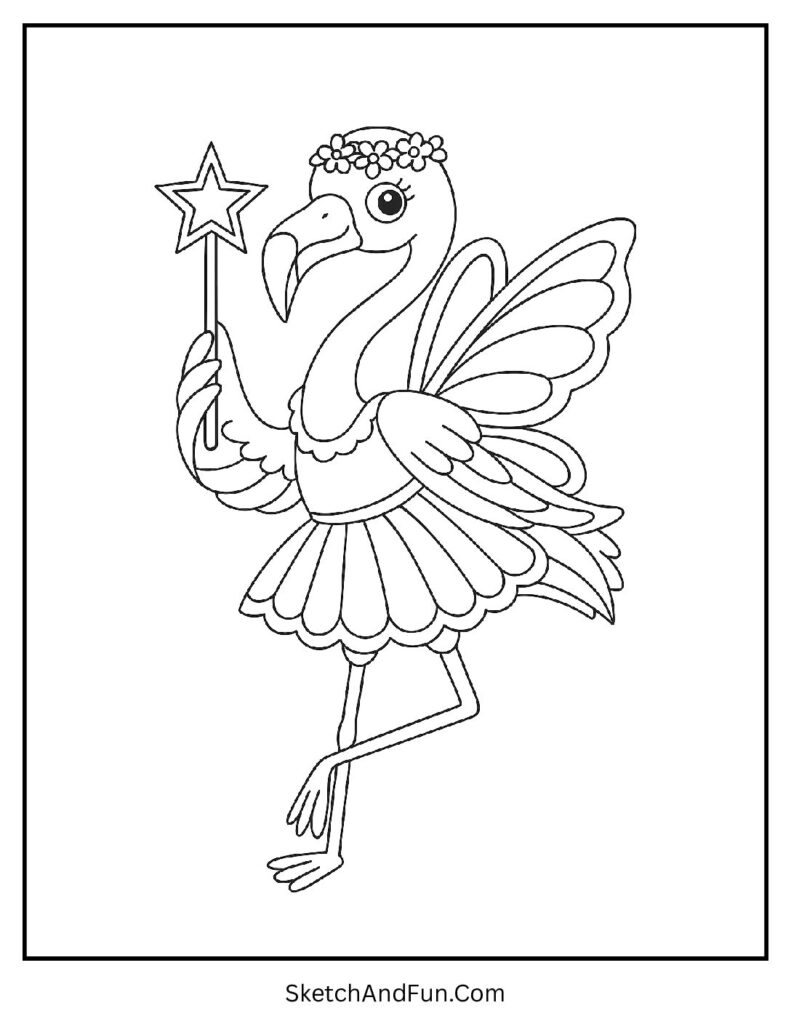 Flamingo with a star wand in a flamingo coloring sheet for sensory coloring style.