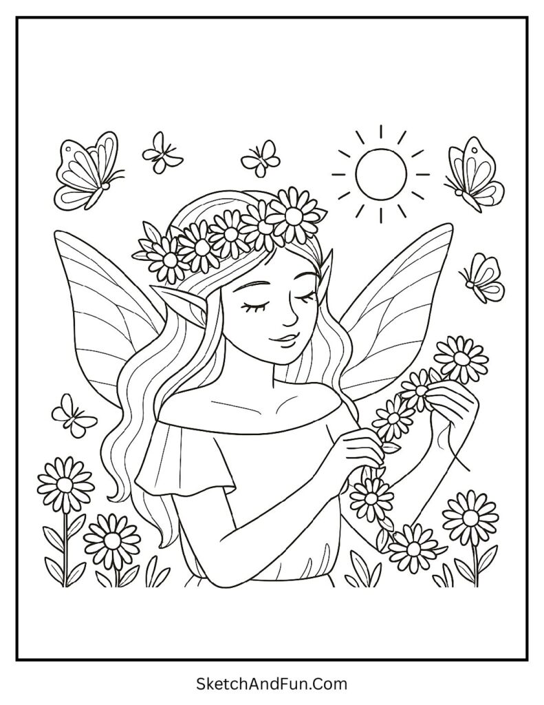 Fairy making daisy crown in sunny garden for butterfly fairy coloring pages pdf.