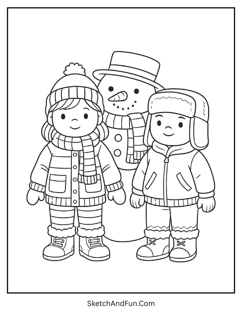 Two friends with snowman wearing coats from winter outfit coloring page pdf.