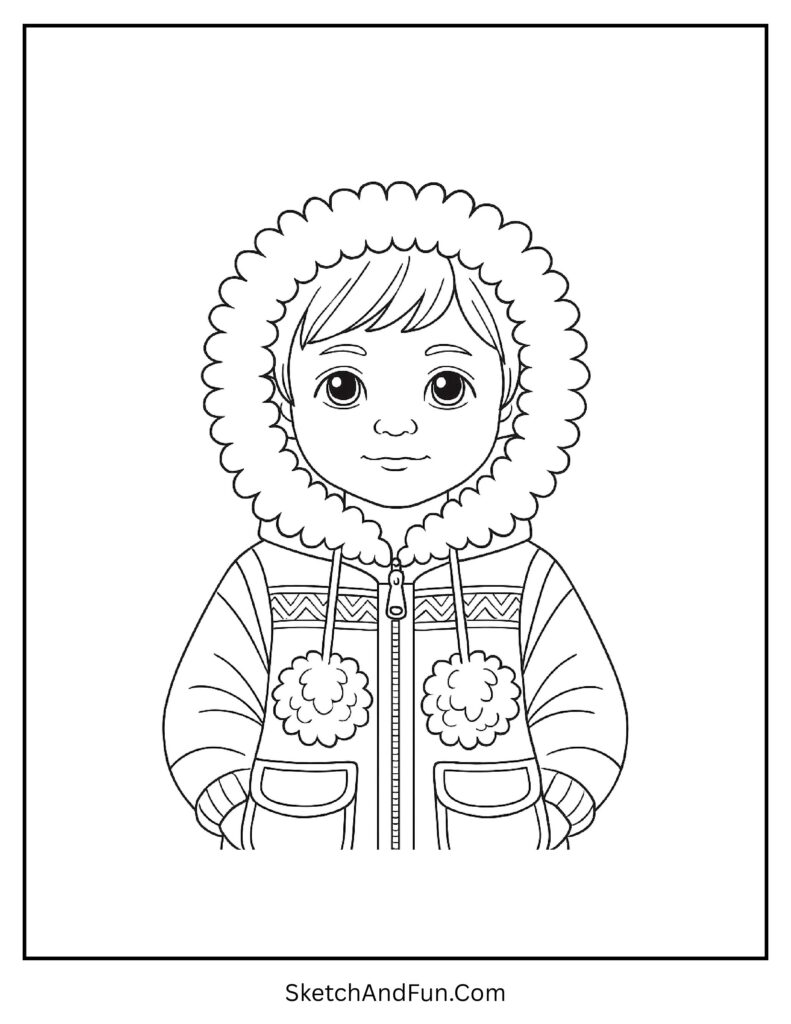 Cute child in big furry hood from winter outfit coloring page black and white.