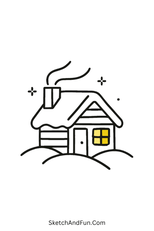 Glowing Cabin for cozy drawing book ideas with warm windows.